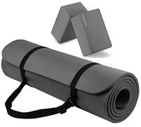 Fitvids All Purpose 1/2-Inch Extra Thick High Density Anti-Tear Exercise Yoga Mat with Carrying Strap and Yoga Blocks, Gray