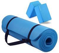 Fitvids All Purpose 1/2-Inch Extra Thick High Density Anti-Tear Exercise Yoga Mat with Carrying Strap and Yoga Blocks, Blue
