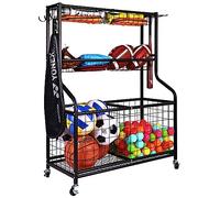 Signature Fitness Garage Sports Equipment Organizer, Garage Ball Storage, Sports Gear Storage, Garage Organizer with Baskets and Hooks, Rolling Sports Ball Storage Cart, Black, Steel