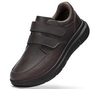 FitVille Men's Extra Wide Leather Walking Shoes with Double Strap, Comfortable Orthopedic Diabetic Trainers for Edema, Non Slip Business Casual Shoes X-Wide 8.5 UK Chocolate Brown