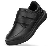 FitVille Men's Extra Wide Leather Walking Shoes with Double Strap, Comfortable Orthopedic Diabetic Trainers for Edema, Non Slip Business Casual Shoes Wide 12 UK Black