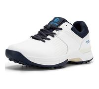 FitVille Mens Golf Shoes Extra Wide Fit Casual Trainers Water Resistant Non Slip Outdoor Spiked Trainers for Golf Training White/Navy Blue 10.5 UK X-Wide