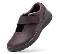 FitVille Womens Wide Fit Leather Shoes, Comfortable Ladies Slip on Loafers with Adjustable Straps for Swollen Feet, Plum Mahogany, 4 UK Wide