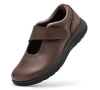 FitVille Womens Wide Fit Leather Shoes, Comfortable Ladies Slip on Loafers with Adjustable Straps for Swollen Feet, Mahogany Brown, 6.5 UK X-Wide