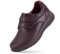 FitVille Womens Wide Fit Leather Shoes Lightweight Arch Support Diabetic Shoes Ladies Loafers with Adjustable Straps for Swollen Feet Burgundy