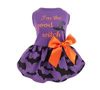 Fitwarm 100% Cotton I'm The Good Witch Halloween Dog Costume Puppy Dress Doggie Party One Piece with Bowknot Pumkin Bat Pet Vest Shirt Holiday Cat Outfits Purple Small