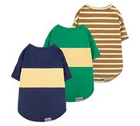 Fitwarm 3 Pack Color Block Striped Dog Shirt, Summer Dog Clothes for Small Dogs, Breathable Lightweight Dog Tshirt, Pet Outfit, Navy Blue, Sea Green, Brown, Small