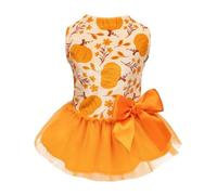 Fitwarm Pumpkin Flower Dog Dress, Thanksgiving Outfit for Small Dogs Girl, Fall Pet Outfit, Beige, Orange, XS