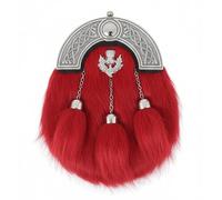 FITWORTH LTD Leather Red Fur Sporran with Brass Cantle, Thistle Design, Adjustable Belt (28"-48") - Scottish Kilt Accessory for Men