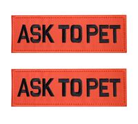 FITZNORA Embroidered Ask to Pet Patches, 2 Pack Clear Sign with Hook and Loop Pieces, Easy to Read Tabs for Dog Vest Harness Collar, 6 x 2 inches