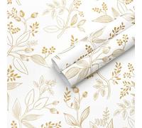 Fiula 44cm×10m Peel and Stick Wallpaper Leaf Self Adhesive Wallpaper Tropica Furniture Sticker Floral Contact Paper White Gold Covering Vinyl Wrap Roll for Bedroom Living Room Stick On Film