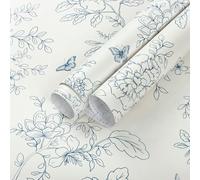 Fiula 44CMx10M Self Adhesive Wallpaper Blue Floral Peel and Stick Wallpaper Butterfly Furniture Sticker Leaf Contact Paper Covering Paper Vinyl Wrap for Bedroom Lining Paper Living Room Beige