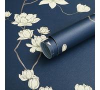 Fiula Self Adhesive Vinyl Wrap Roll Floral Peel and Stick Wallpaper 41CMx3M Stick on Wallpaper Vintage Botanical Contact Paper Furniture Sticker Cabinet White Flower Bedroom Waterproof Navy Blue