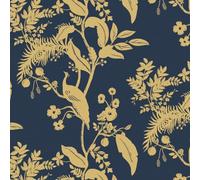 Fiula Self Adhesive Wallpaper 44CMx10M Bird Peel and Stick Wallpaper Navy Blue and Gold Vinyl Warp Floral Leaf Sticky Back Contact Paper Vintage Furniture Sticker Living Room Bedroom Waterproof
