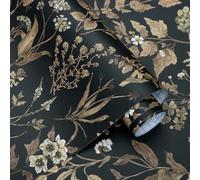 Fiula Self Adhesive Wallpaper Floral Leaf Sticky Back Plastic Wallpaper Gold and Black Vinyl 44CM x 6M Botanical Decorative Peel and Stick Wallpaper Removable for Wall Furniture Living Room Bedroom
