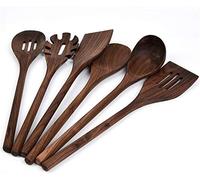 Fiunkes 6 PCS Wooden Kitchen Utensils Set, Black Walnut Wood Long Handle Spoons and Spatula Set for Cooking, Heat Resistant Non-Stick Cookware