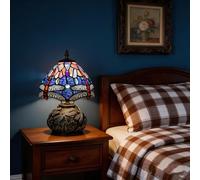 Fiunkes Small Tiffany Style Dragonfly Table Lamp, Green Red Purple Stained Glass 8 Inch Mushroom Style Mini Vintage Desk Lights for Bedside, Bedroom, Nightstand, Living Room,Red
