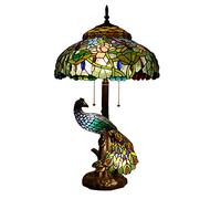 Fiunkes Tiffany Peacock Lamp, Vintage Green Pink Yellow Stained Glass Pastoral Floral Dragonfly Lampshade Table Lamp, Large Bedside Reading Lamp, Entry Studio Desk Decor Lamp,lotus2