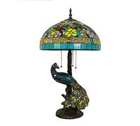 Fiunkes Tiffany Peacock Lamp, Vintage Green Pink Yellow Stained Glass Pastoral Floral Dragonfly Lampshade Table Lamp, Large Bedside Reading Lamp, Entry Studio Desk Decor Lamp,Yellow