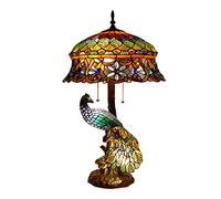 Fiunkes Tiffany Peacock Lamp, Vintage Green Pink Yellow Stained Glass Pastoral Floral Dragonfly Lampshade Table Lamp, Large Bedside Reading Lamp, Entry Studio Desk Decor Lamp,Peacock