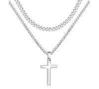Fiusem 2 Pcs Cross Chain Necklace for Men and Women, Silver/Gold/Black Layered Mens Cross Necklaces Stainless Steel Cross Pendant with Cuban Link and Box Chain 16-26 Inch, 24in/26in, Stainless Steel