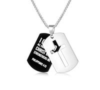 Fiusem Dog Tag Necklace for Men, Inspirational Bible Verse Cross Necklace for Men 24 Inches Chain, 24 inches, Stainless Steel, No Gemstone