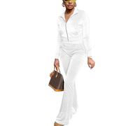 FIVCAT Women Velour Sweat Suits 2 Piece Outfits Tracksuits Long Sleeve Zip Up Jacket Flare Pants Cute Casual Matching Suit, White, Medium