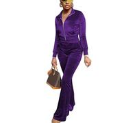 FIVCAT Women Velour Sweat Suits 2 Piece Outfits Tracksuits Long Sleeve Zip Up Jacket Flare Pants Cute Casual Matching Suit, Purple, Medium