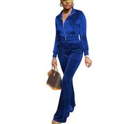 FIVCAT Women Velour Sweat Suits 2 Piece Outfits Tracksuits Long Sleeve Zip Up Jacket Flare Pants Cute Casual Matching Suit, Darkblue, Medium