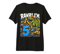 Five 5yr 5th Birthday Rawr Dinosaur Excavator 5 Year Old Boy Premium T-Shirt