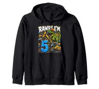 Five 5yr 5th Birthday Rawr Dinosaur Excavator 5 Year Old Boy Zip Hoodie