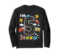 Five 5yr 5th Birthday Vehicles Cars Planes Fire Truck Boys Long Sleeve T-Shirt