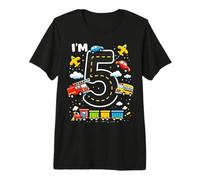 Five 5yr 5th Birthday Vehicles Cars Planes Fire Truck Boys Premium T-Shirt