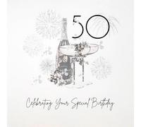 Five Dollar Shake Female 50th Milestone Birthday Card - Age 50 - Champagne and Fireworks with Flitter Details and Hand-Finished Gem Embellishments