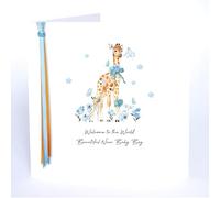 Five Dollar Shake New Baby Boy Luxury Card - Elegant Giraffe and Blue Floral Design - Flitter Finish and Handcrafted Embellishments - Congratulations Card for Family and Friends