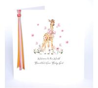 Five Dollar Shake New Baby Girl Luxury Card - Elegant Giraffe and Pink Floral Design - Flitter Finish and Handcrafted Embellishments - Congratulations Card for Family and Friends