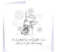 Five Dollar Shake Son and Daughter-in-Law Large Anniversary Card - Floral Champagne Glasses and Fireworks with Flitter Details and Embellishments