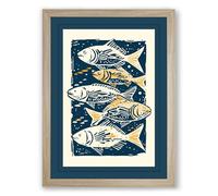 Five Fishes Rising Coastal Framed Wall Art Print A2 (59.4×42cm) Oak, Wall Decor for Living Room, Bedroom, Office & Home, Ready to Hang, Art Gift