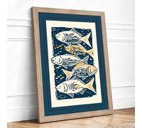 Five Fishes Rising Coastal Framed Wall Art Print A4 Oak