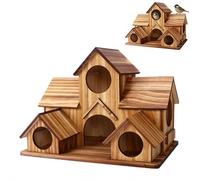 Five-Hole Large Wooden Birdhouse, Creative Multi-Room Bird Nesting Box, Pastoral Style Solid Wood Garden Ornament, Decorative Outdoor Hanging Bird Hut for Backyard & Patio