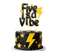 Five Is A Vibe Black Gold Glitter Cake Topper 5.11 * 5.15inches Groovy 5th Birthday Decorations Boho Retro Hippie Fifth Birthday Cake Decors Lightning Bolt Star Five Years Old Bday Party Supplies