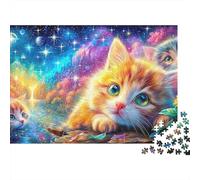 Five Kittens Sit by Stream Under A Vivid, Starry Sky 1000-Piece Jigsaw Puzzle Cute Cat Classic Jigsaw Puzzles for All Ages 38x26cm/1000pcs