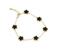 Five Leaf Clover Bracelet, 18k Gold Plated Stainless Steel, Waterproof (Black)