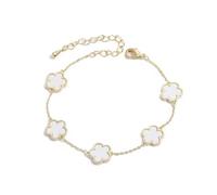 Five Leaf Clover Bracelet, 18k Gold Plated Stainless Steel, Waterproof (White)