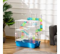 PawHut Hamster Cage w/ Water Bottle, Exercise Wheel, Tubes, Ramps - Blue