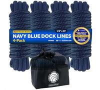 Five Oceans 4-Pack 1/2" x 15' Boat Dock Lines, Navy Blue Double Braided Nylon, Marine-Grade, 12" Eyelet, 1-Year Warranty - FO4696