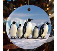 Five Penguins Ceramic Christmas Ornaments - 4 Pcs Rustic Round Xma Tree Decor with Hanging String, Personalized Vintage Double-Sided Holiday Party Decorations for Xmas Gifts