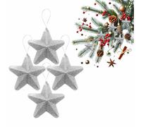 Five Pointed Star Baubles - Plastic Glitter Hanging Pendants With Attached String - Silver Glittered Christmas Tree Decorations for Xmas Party, New Year, Festive Holiday Decor (4 Pack)