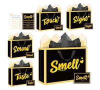 Five Senses Gift Bags with Cards - Sight Smell Touch Taste Sound Black and Gold Foil Stamping Gift Bags for Him Her with Ribbon Handle, Tissue Paper, Greeting Card for Birthday, Anniversary, Wedding