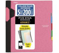 Five Star Advance Spiral Notebook + Study App, 5 Subject, 8.5" x 11" College Ruled Paper, 200 Sheets, Spiral Guard, Movable Tabbed Dividers, Prom Pink (820013R)